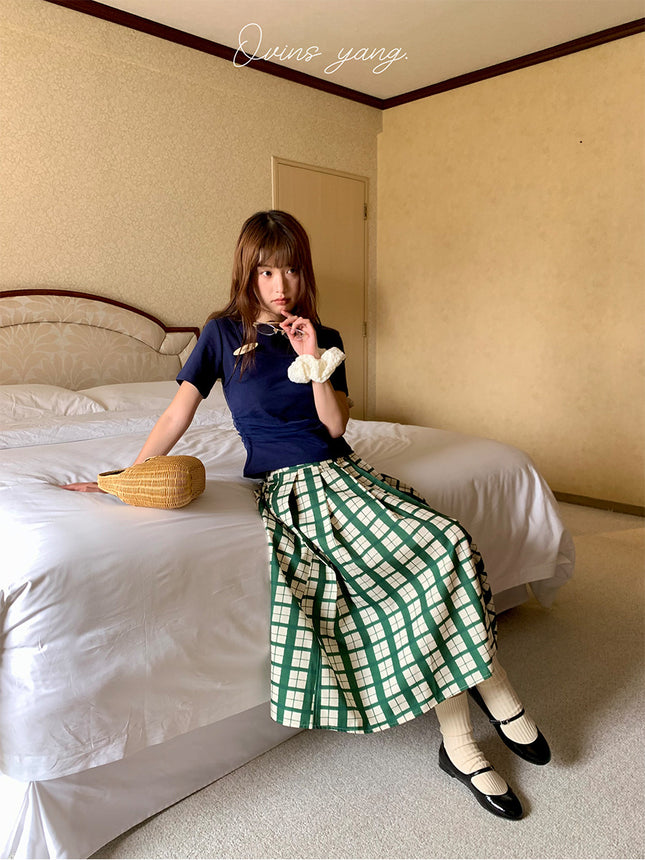 Ovinsyang Green Plaid Skirt Women's Summer Design Niche Preppy Style Outfit a Line