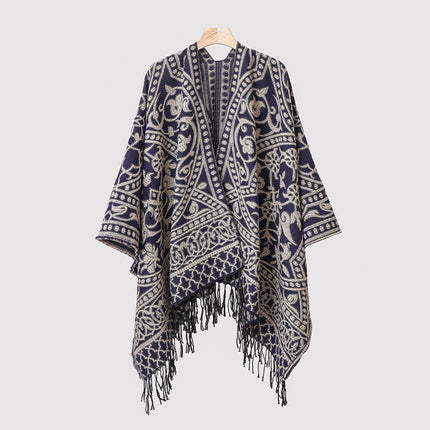 New Cross-Border Retro Cloud Totem Jacquard Ethnic Style Shawl Cloak Sichuan-Xizang Xinjiang Travel Photo Slit Scarf