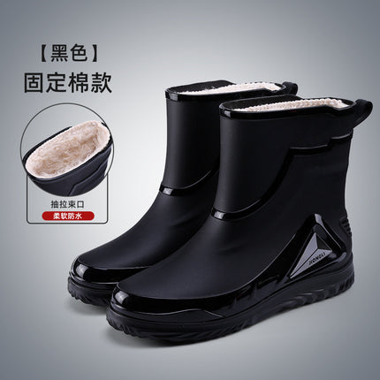 Men's Rain Boots with Cuffs, New Waterproof Shoes, Outdoor Drawstring Boots, Kitchen Non-Slip Work Rubber Shoes, Fleece-Lined Warm Rain Boots