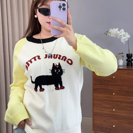 Shuangtian 2025 New Autum Plus Size Women's Knitwear Fat Girl Cartoon Cat Contrast Color Knitwear F561