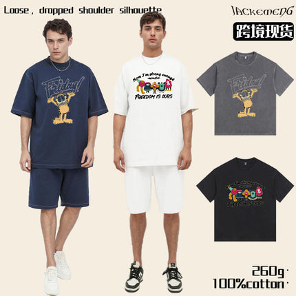 American Style Retro Heavy Cotton Short-sleeved T-shirt Men's Summer Casual Loose Trendy Brand Washed Old Half-sleeved T-shirt