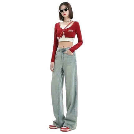 Wide Leg Jeans Women's Spring 2025 Explosions Hot Girl Narrow Edition High Waist Embroidered Straight Tube Loose Mop Pants Trendy