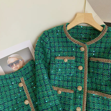 Vintage Heavy Industry Coat Green Sequin Small Fragrant Style suit Women's Autumn and Winter 2024 New High Waist Split Skirt