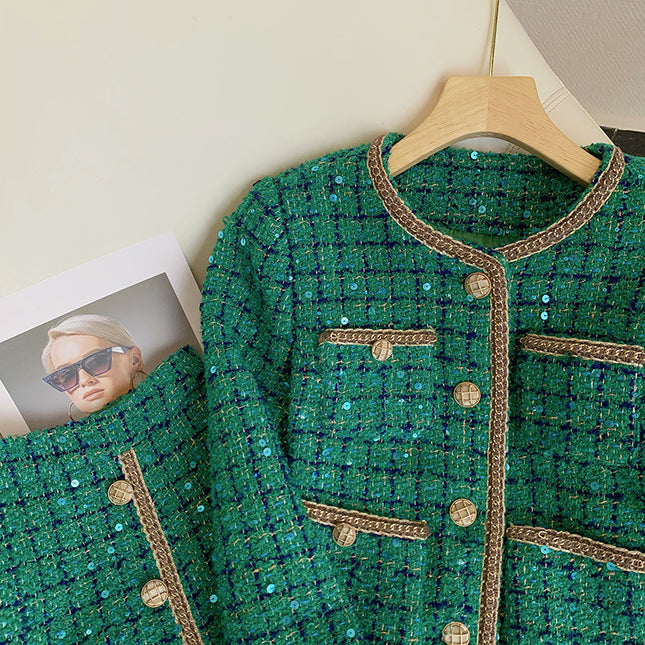 Vintage Heavy Industry Coat Green Sequin Small Fragrant Style suit Women's Autumn and Winter 2024 New High Waist Split Skirt