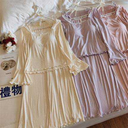 Women's Pajamas with Chest Pad Spring 2025 New Long Sleeve French Style Sexy Lace Modal Cotton Home Clothes suit