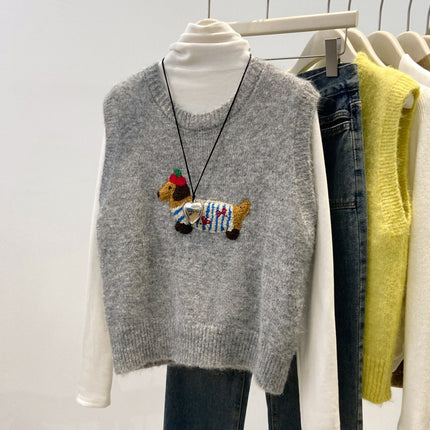 Cartoon Dachshund Dog Embroidered Knitted Vest for Women 2026 Spring New Style Layered Fashionable Soft Sleeveless Sweater
