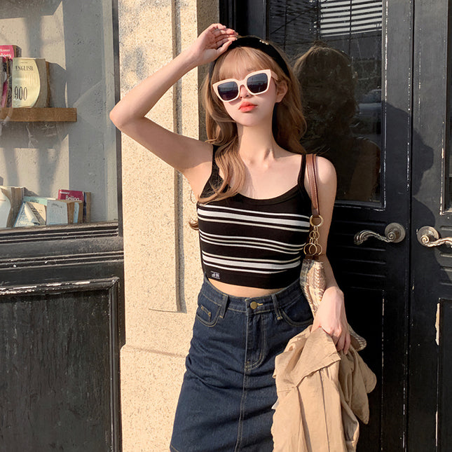 Spring and summer ins style new thread stripe bottoming camisole women's one-piece cup non-wearing text