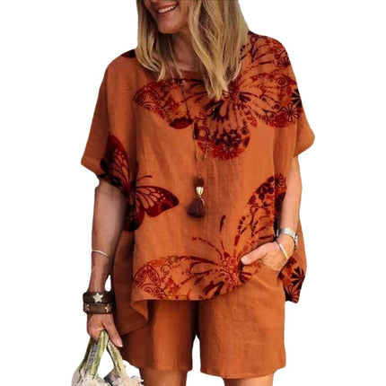 Amazon spring and summer plus size loose chubby girl temperament leisure sports fashion short sleeve sports suit foreign trade wholesale