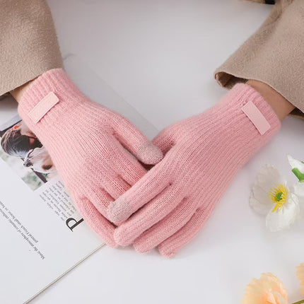 Winter Gloves for Women, Fleece-Lined and Thickened, Five-Finger Student Cute Knitted Cold-Proof Cycling Touchscreen Warm Cycling Gloves