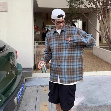 Brushed Plaid Long-Sleeved Shirt for Men, Summer Thin Sun Protection Shirt, Loose Retro American Fashion Brand Couple's Jacket