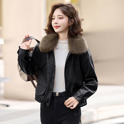 Fur Collar Leather Jacket Autumn and Winter fleece-lined Thickened 2024 Winter New Short PU Leather Motorcycle Jacket Top