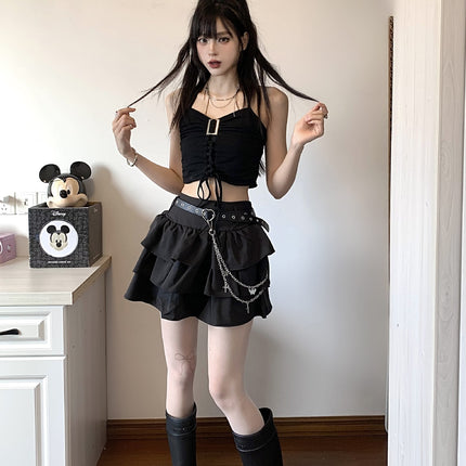 Summer hot girl waist cool tugging sister black sweet all-match puffy cake skirt a high waist short skirt