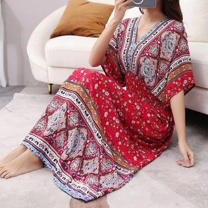Cross-border ethnic style V-neck cotton silk short-sleeved beach skirt Thailand travel dress summer printed holiday floral skirt