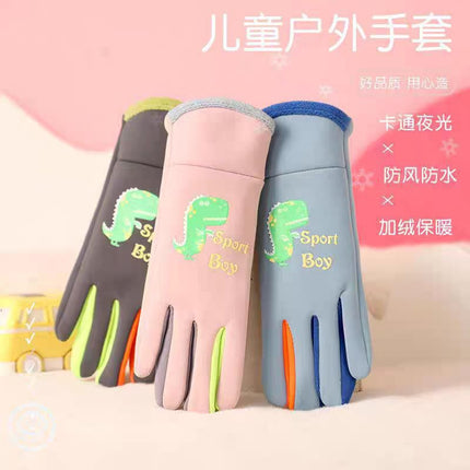 Ollie Velvet Children's Little Dinosaur Warm Non-Slip Five-Finger Outdoor Sports Cold-Proof Gloves for Baby Winter Adventure