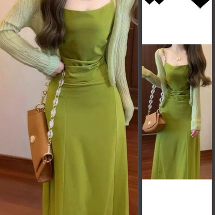 2025 New Summer Vacation French-Style Spaghetti Strap Green Dress Trendy High-End Elegant Stunning Super Fairy Dopamine
