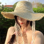 Five-strand large eaves raw edge mesh lace-beige / M（56-58cm）