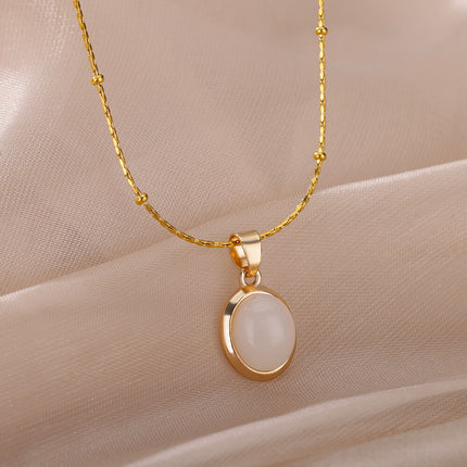 Simple Niche Entry Luxury Oval Titanium Steel Necklace Cat's Eye Pendant Clavicle Chain Elegant Design High-grade Jewelry