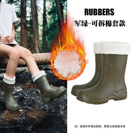 Korean and Japanese Cross-Border Women's Mid-Calf Outdoor Non-Slip Water Shoes, Thick-Soled Water Boots, Fleece-Lined Rubber Shoes, Rain Boots, Waterproof