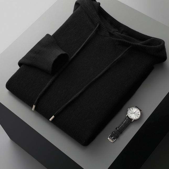 100 Pure Wool Sweater Men's Hoodie with Pocket Solid Color Loose Knitted Sweater Long Sleeve Hooded Sweater New Base Sweater
