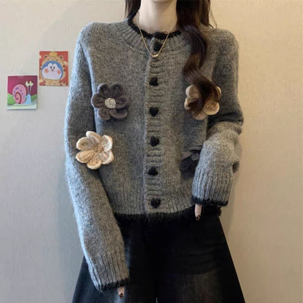 French-Style Floral Round-Neck Sweater Cardigan for Women, Autumn and Winter New Lazy Style Petite Short Knitted Cardigan Trendy