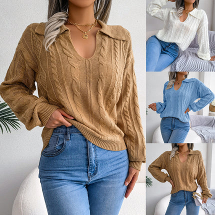 Clearance Sale: Autumn/Winter European and American Style Casual Turn-Down Collar Cable Knit Lantern Sleeve Sweater - Amazon Cross-Border Women's Fashion