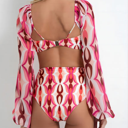 New European and American Amazon Cross-Border Sexy Bikini Swimsuit for Women with Printed Long Sleeves, Two-Piece Beach Swimwear Set