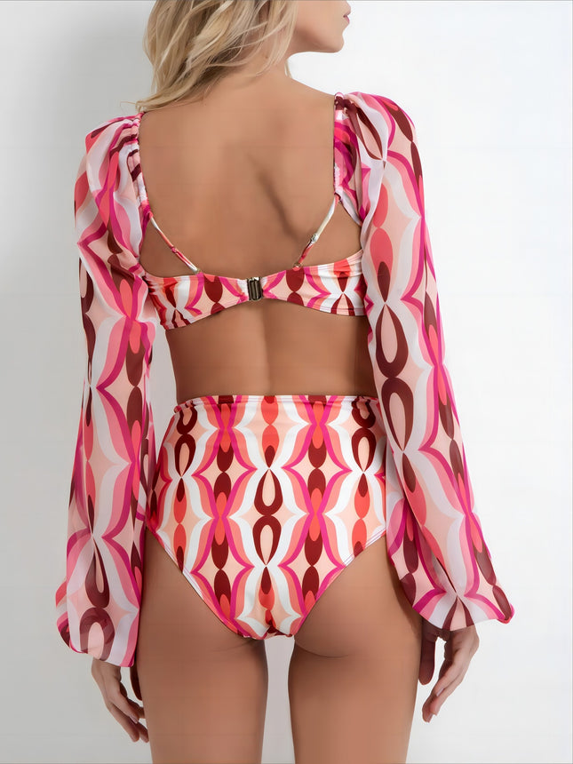 New European and American Amazon Cross-Border Sexy Bikini Swimsuit for Women with Printed Long Sleeves, Two-Piece Beach Swimwear Set