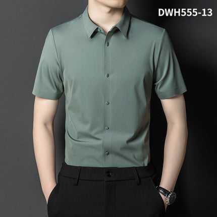Summer New Vertical Striped Shirt for Men, Short-Sleeved Business Casual High-Elastic Seamless Shirt, Slim Fit Light Business
