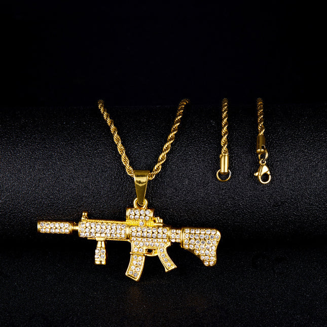 European and American cross-border hip-hop jewelry alloy full diamond M4 rifle domineering luxury men's gun pendant factory wholesale