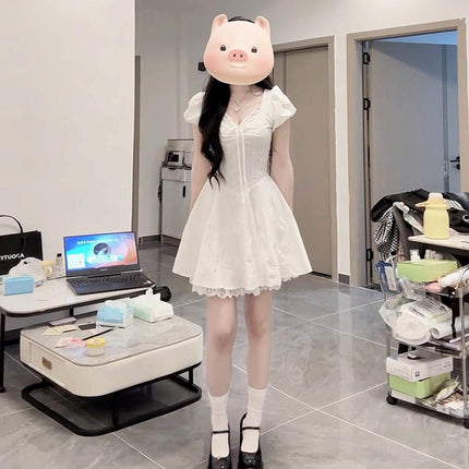 2025 Summer Exclusive White Puffy Short Skirt for Petite Women with Exquisite Lace Trim and Waist-Cinching Design That Exudes a Fairy-Like Vibe