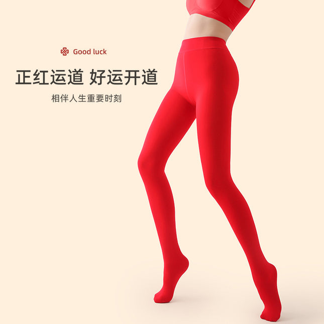 Red leggings women's wedding bride Autumn and Winter plus size fleece-lined thickened birth year chubby girl stockings pantyhose outer wear