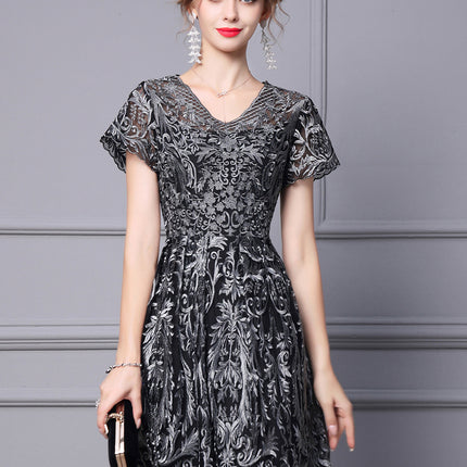 Zhili V-Neck Dress 2026 Summer New High-End Heavy-Duty Silver Thread Embroidery Pear-Shaped Figure A-Line Dress