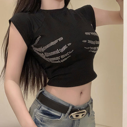 Hot Girl High Street Hot Diamond Short-Sleeved T-Shirt Women's Summer Sexy Petite Casual Versatile Tight Short Crop Top