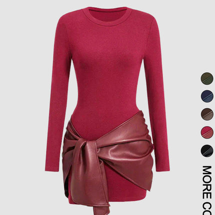 2025 European and American Amazon Women's Pure Color Long-Sleeved Mini Dress + Front Lace-Up Pu Decoration