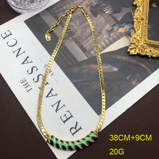 Artistic Retro Green Enamel Glaze Plated Real Gold Copper Chain Necklace Pearl Diamond Earrings Elegant Set