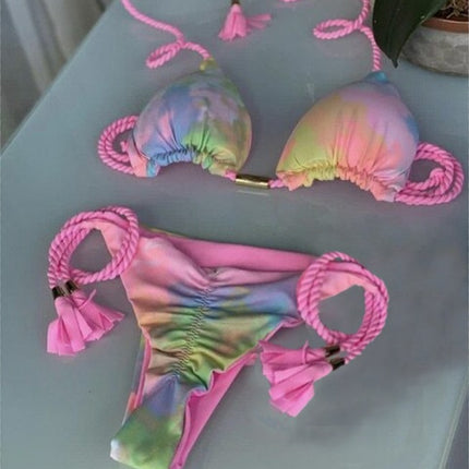 European and American Cross-border New Women's Triangle Bag Rope Bikini Solid Color Sexy Pendant Tassel Swimsuit Women's Bikini