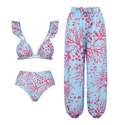 European and American Style Printed Bikini for Women, Quick-Dry Three-Piece Set, Backless Conservative Two-Piece Swimsuit, Tummy-Covering Hot Spring Swimwear Bikini