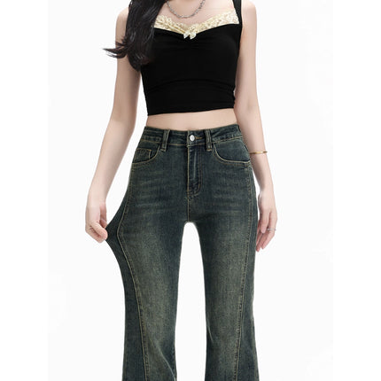 Vintage Flared Jeans for Women 2025 Autumn New High-Waisted Stretchy Slim Fit Frayed Hem Floor-Length Pants