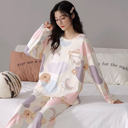Spring and Autumn Imitation Cotton Pajamas Women's Long-sleeved suit Summer Round Neck Less Women's Home Clothes Cute Cartoon Outer Wear