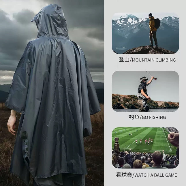 Outdoor Adult Poncho Raincoat for Hiking, Mountaineering, Fishing, Camping, Multifunctional 3-in-1 Tarp Ground Sheet Poncho
