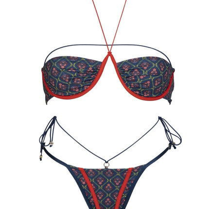 2025 European and American Bikini Sexy Printed Steel Bikini Cross-border Fashion Halter Strap Split Swimsuit for Women