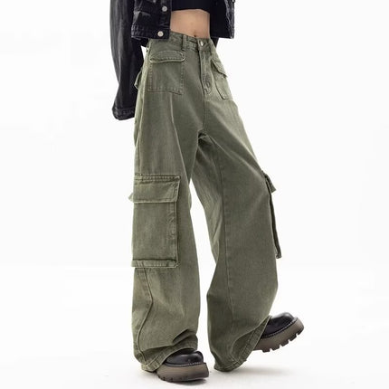 American Style Retro High Waist Green Overalls Jeans Girls Trendy Brand New Loose Straight Casual Wide Leg Trendy Trousers