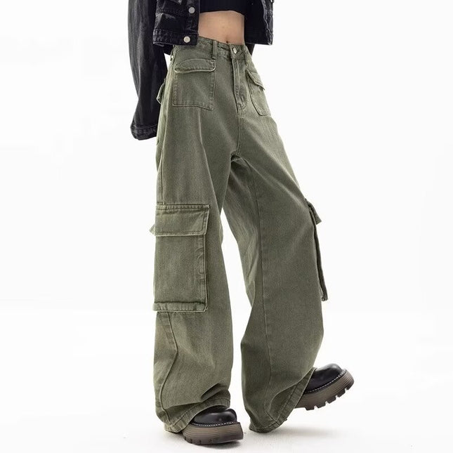American Style Retro High Waist Green Overalls Jeans Girls Trendy Brand New Loose Straight Casual Wide Leg Trendy Trousers