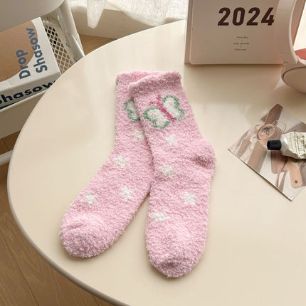 Autumn and Winter Coral Fleece Socks Women's Hair-free Flower Butterfly Floor Socks Thickened Warm Home Sleep Socks