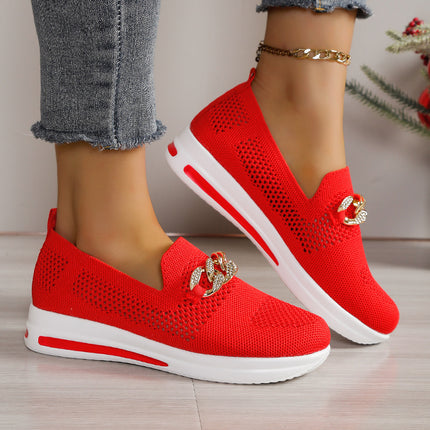 2024 spring and summer new foreign trade plus size women's shoes flying woven mesh surface hollow breathable shoes metal chain wedge casual shoes