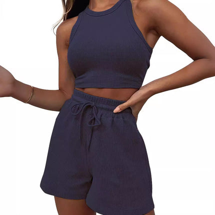 2026 Cross-Border Summer New Style Sleeveless Waffle Set Solid Color Vest Top Tie-Up Shorts Casual Two-Piece Set