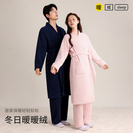 Autumn and Winter Thickened Couple's Robe, Faux Half-Velvet, Diagonal V-Neck, Simple and Elegant, Light Luxury, Warm Bathrobe, Long Style for Men and Women