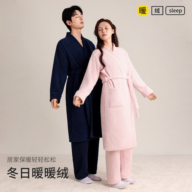 Autumn and Winter Thickened Couple's Robe, Faux Half-Velvet, Diagonal V-Neck, Simple and Elegant, Light Luxury, Warm Bathrobe, Long Style for Men and Women