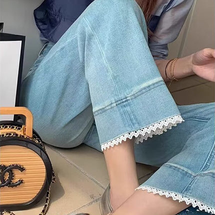Lace-Trimmed Cropped Straight-Leg Pants Spring New Women's Plus-Size Pear-Shaped Figure Slimming High-Waisted Jeans