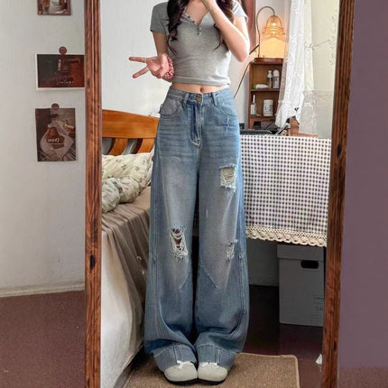 American Style Ripped Jeans for Women, Autumn New Plus-Size High-Waisted Pear-Shaped Figure Slimming Loose Wide-Leg Pants